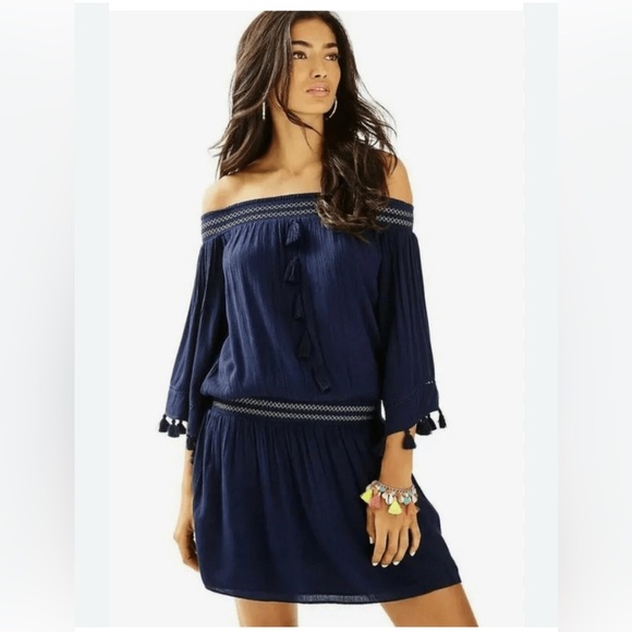 Lilly Pulitzer Navy Blue Joelle Off Shoulder Mini Short Dress Coastal Summer - Picture 1 of 15